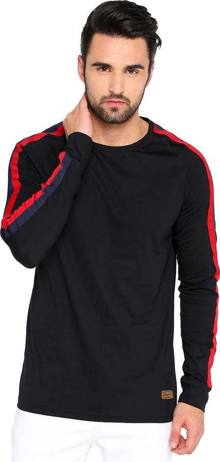 Color Block Men Round or Crew Dark Blue, Red, Black T-Shirt