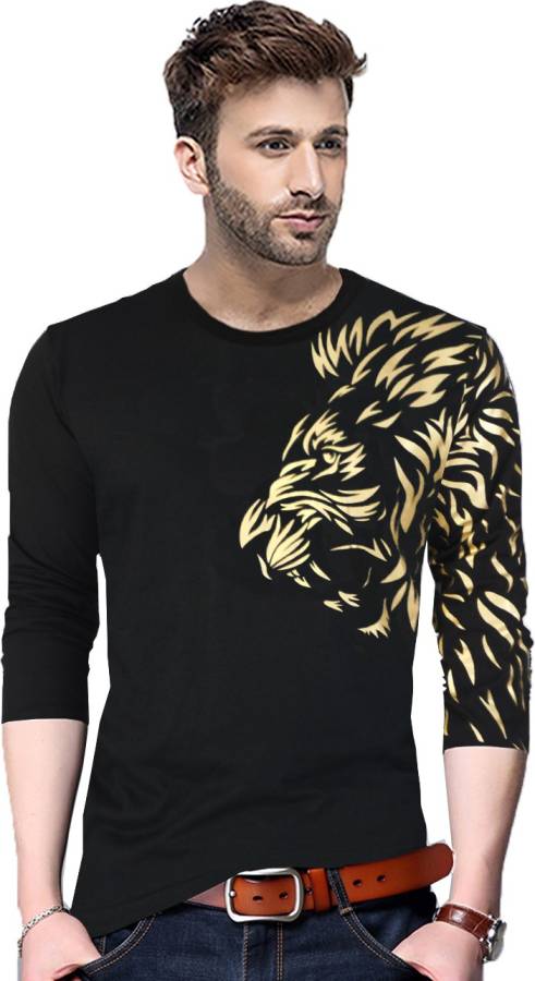 Printed Men Round Neck Black T-Shirt Price in India