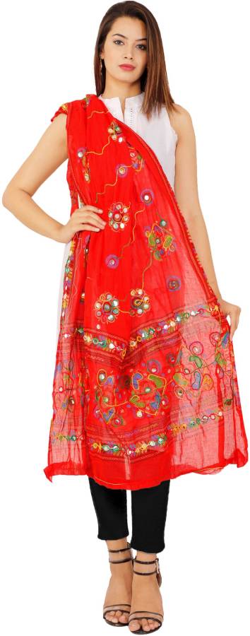 Cotton Blend Embroidered Red Women Dupatta