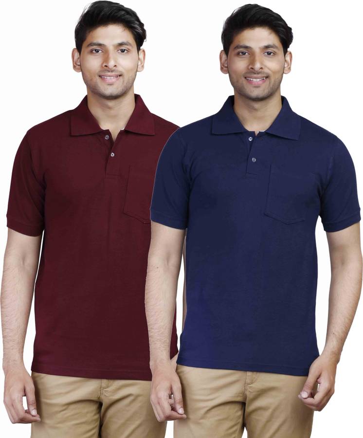 Solid Men Polo Neck Dark Blue, Maroon T-Shirt