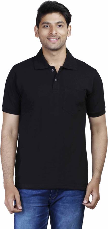 Solid Men Polo Neck Black T-Shirt