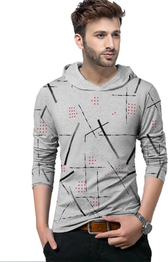 Abstract Men Hooded Neck Grey T-Shirt