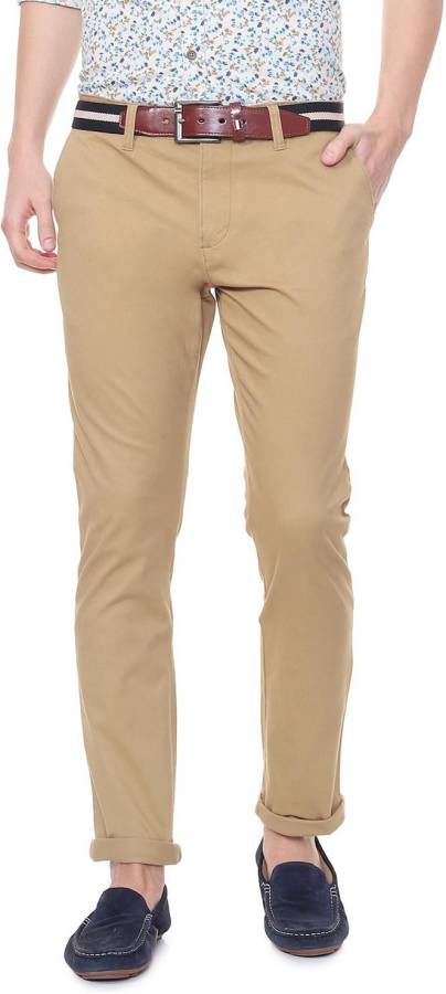 Slim Fit Men Beige Cotton Blend Trousers