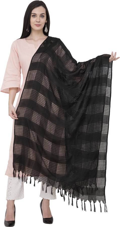 Cotton Blend Self Design Black Women Dupatta