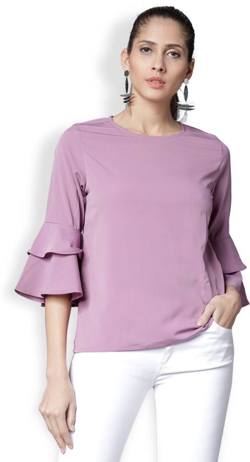 Casual Flute Sleeves Solid Women Purple Top Price in India