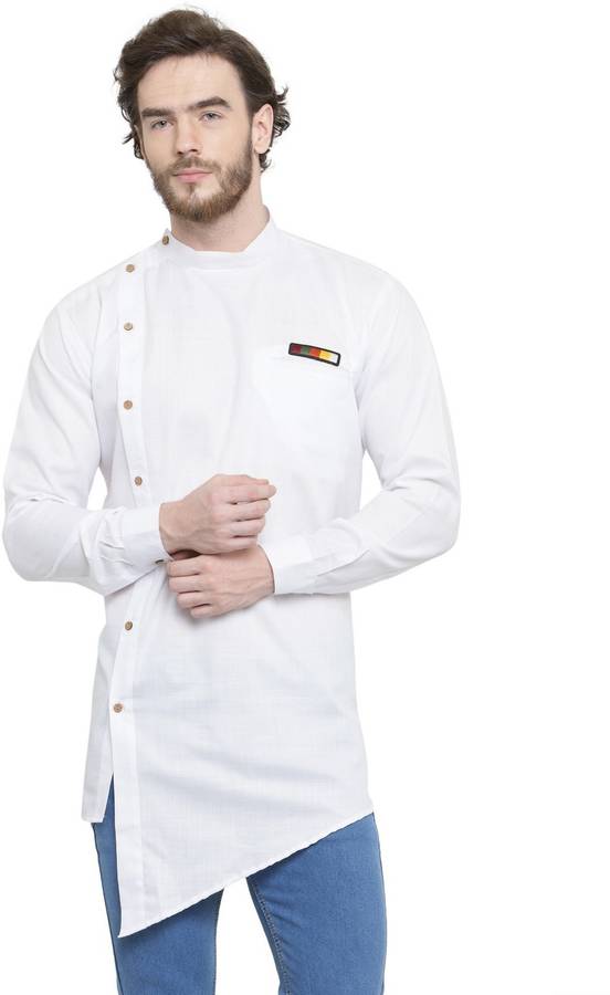 Men Solid Cotton Blend Asymmetric Kurta
