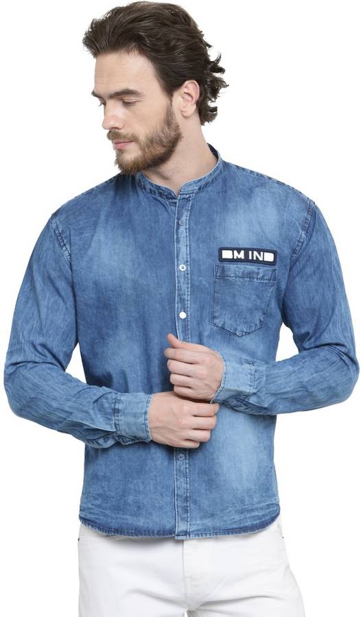 Men Slim Fit Washed Mandarin Collar Casual Shirt