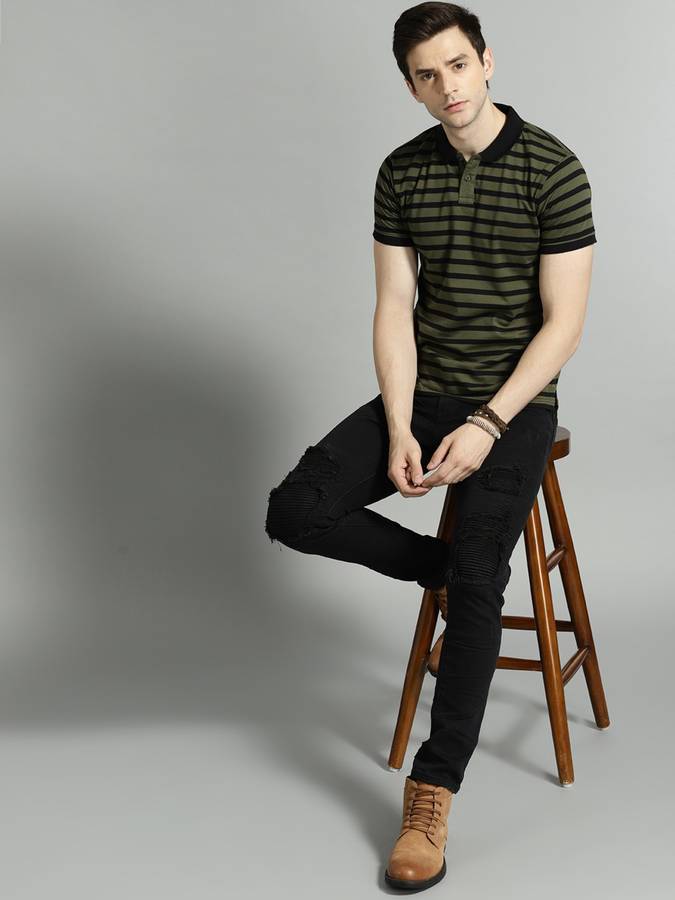 Striped Men Polo Neck Green, Black T-Shirt