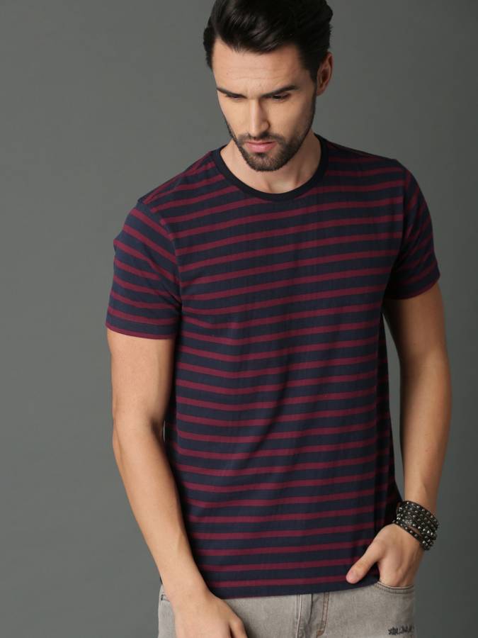 Striped Men Round Neck Red, Blue T-Shirt Price in India