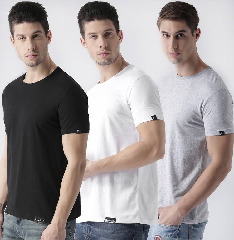 Solid Men Round Neck White, Black, Grey T-Shirt