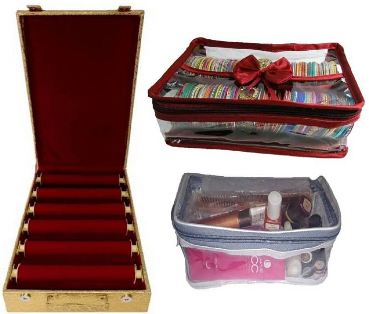 ultimatefashionista combo of 6 roll rod bangle box vanity box wooden bangle storage box 2 rod bangle box brocade jewellery kit vanity case jewellery bangle box vanity box vanity box Vanity Box  (Maroon, plastic, golden) vanity box Vanity Box Price in India