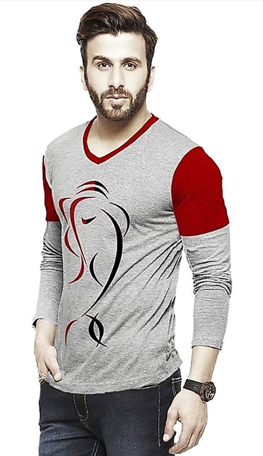 Printed, Color Block Men V Neck Grey T-Shirt