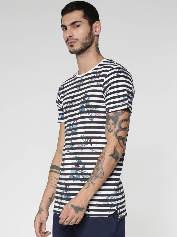 Striped Men Round Neck White, Black T-Shirt