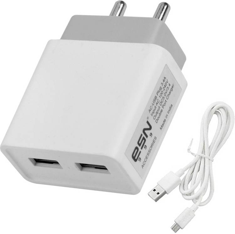 ESN 999 Fast 3.4 Amp Dual Port Fast Charger With Charge & Sync USB Cable 3.4 A Multiport Mobile Charger with Detachable Cable