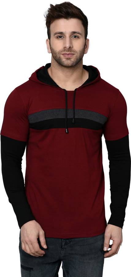 Color Block Men Hooded Maroon T-Shirt