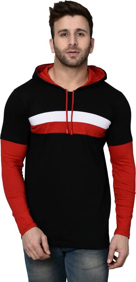 Color Block Men Hooded Red, Black T-Shirt