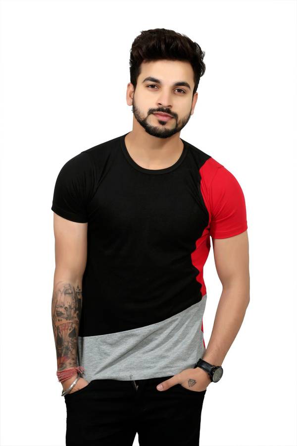 Color Block Men Round Neck Grey T-Shirt