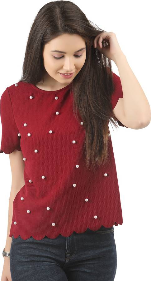 Casual Regular Sleeve Embellished Women Red Top