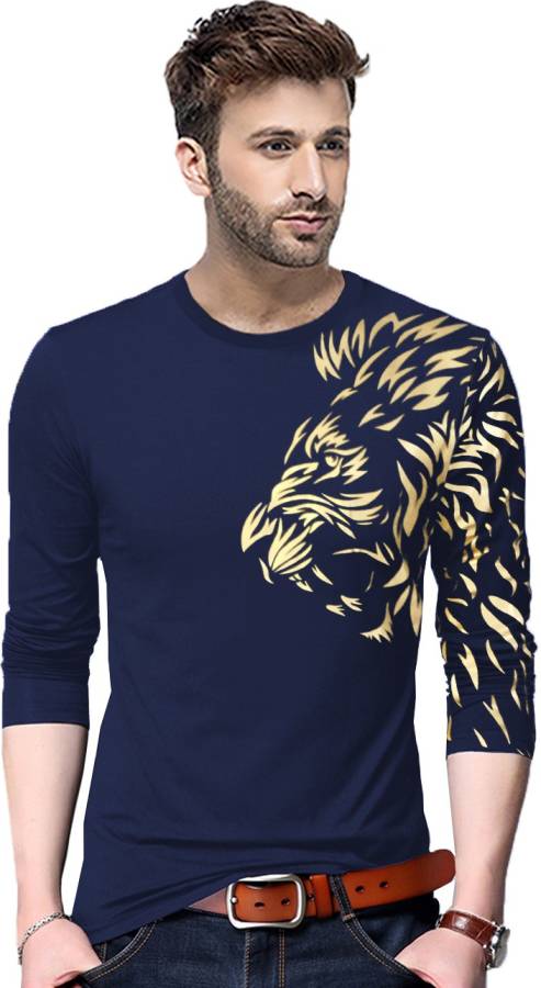 Graphic Print Men Round Neck Dark Blue T-Shirt