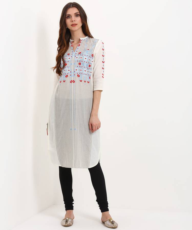 Women Printed, Striped Cotton Blend Straight Kurta