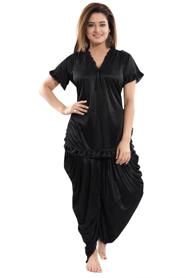 Women Solid Black Top & Pyjama Set