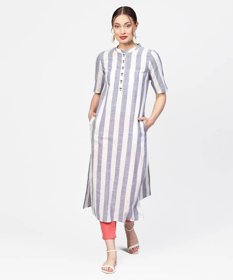 Women Striped Cotton Blend Straight Kurta Price in India