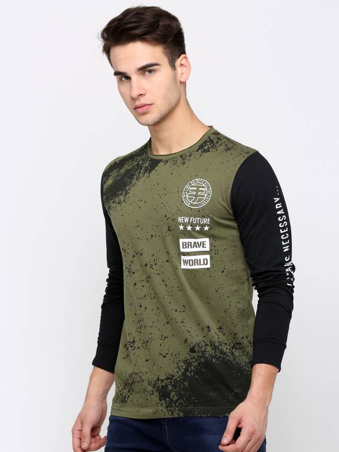 Printed Men Round Neck Black, Light Green T-Shirt