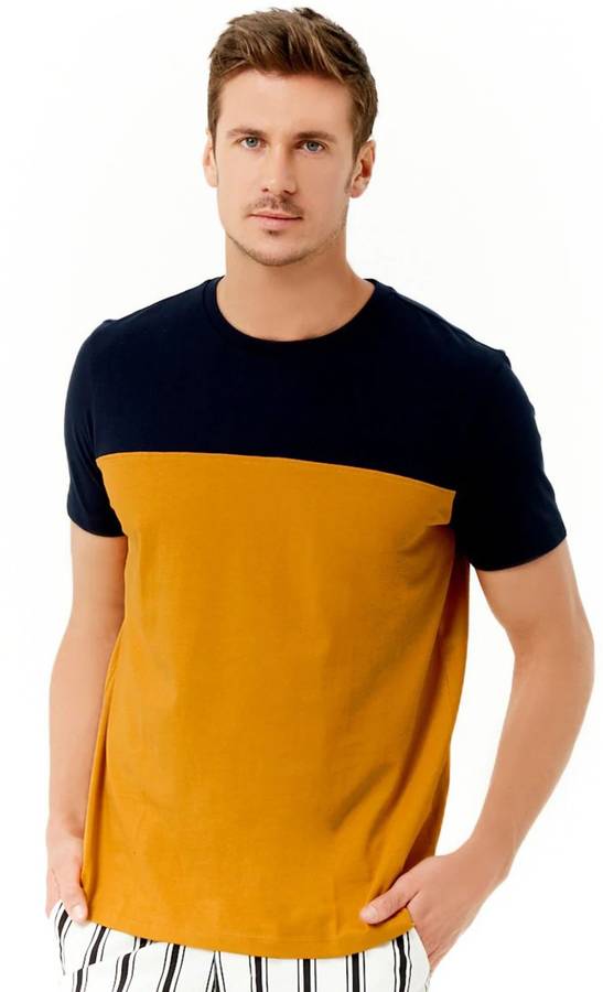 Solid Men Round Neck Black, Yellow T-Shirt