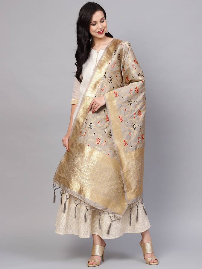 Art Silk Woven Grey Women Dupatta