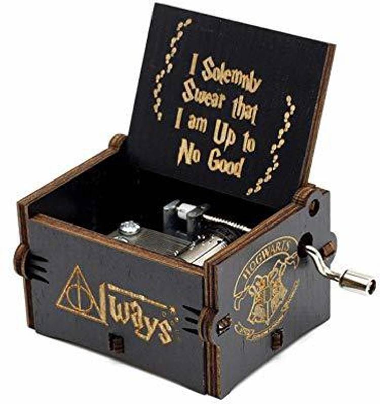 Windup Wooden Music Box | Harry Potter (Black) | in Jute Gift Pouch | Antique Carved Hand Crank