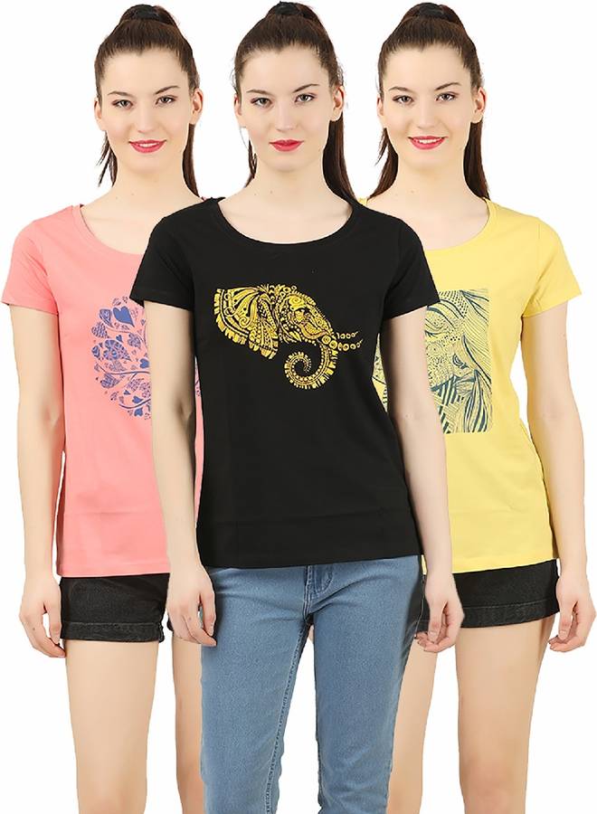 Printed Women Round Neck Black, Pink, Yellow T-Shirt