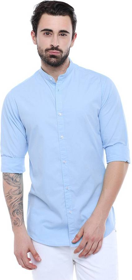 Men Solid Slim Fit Casual Mandarin Collar Shirt