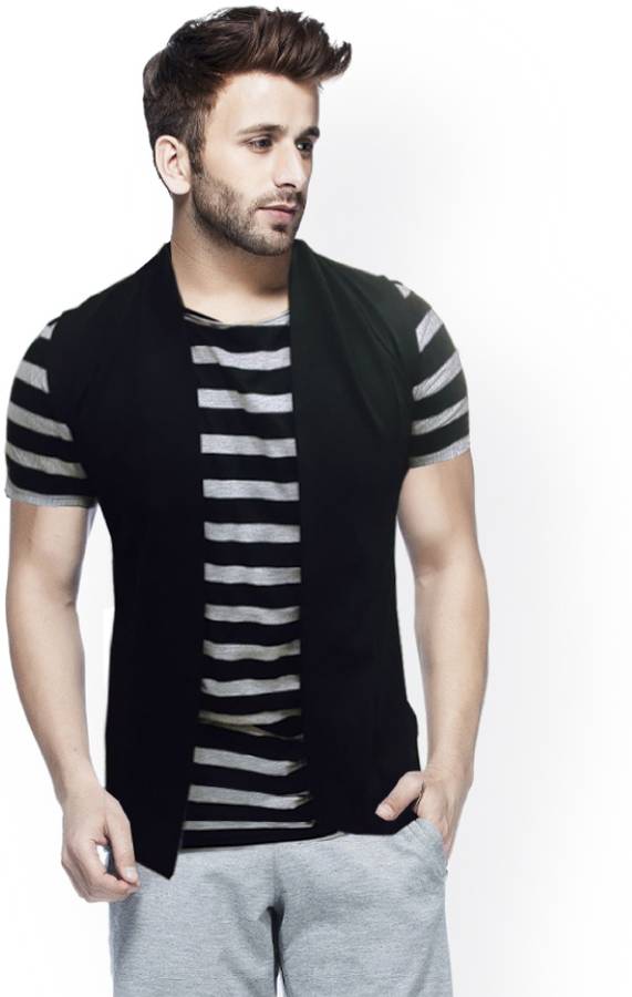 Striped Men Round Neck Black, Grey T-Shirt