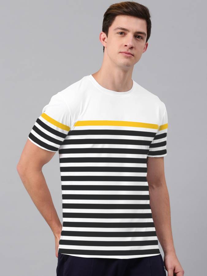 Striped Men Round Neck Reversible White, Black, Yellow T-Shirt