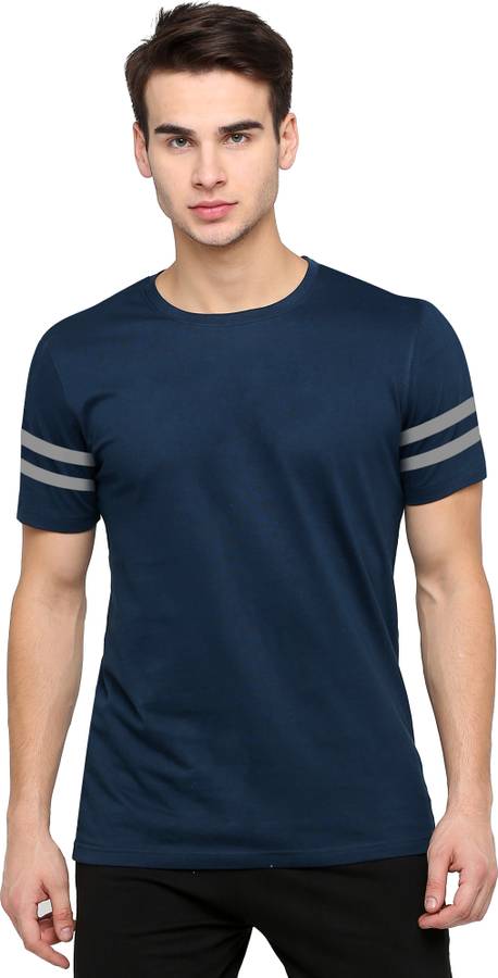 Striped Men Round Neck Reversible Dark Blue, Grey T-Shirt Price in India