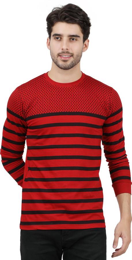 Striped Men Round Neck Red T-Shirt