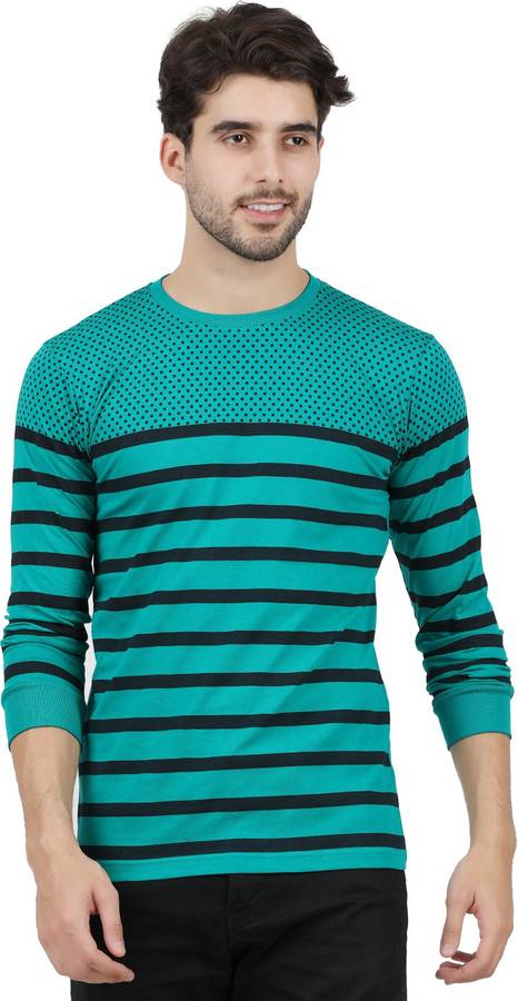 Striped Men Round Neck Green T-Shirt Price in India