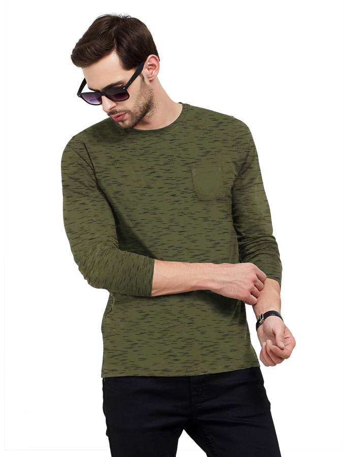 Self Design Men Round Neck Green T-Shirt