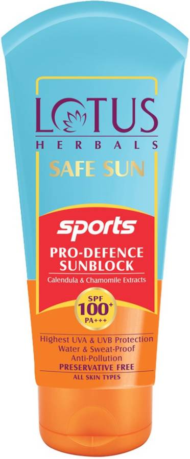 LOTUS HERBALS Safe Sun Sports Pro-Defence Sunscreen SPF 100 PA+++, Sweat & Waterproof, Preservatives Free - SPF 100 PA+++ Price in India