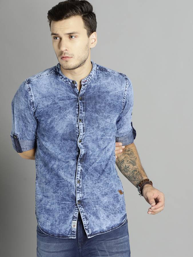 Men Regular Fit Washed Mandarin Collar Casual Shirt