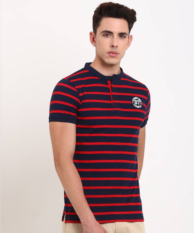 Striped Men Henley Neck Red, Blue T-Shirt