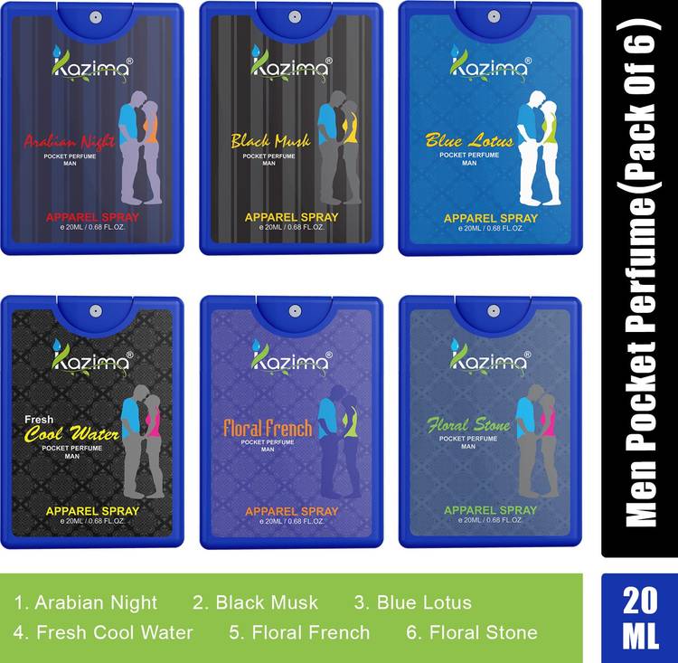 KAZIMA Arabian Night, Black Musk, Blue Lotus, Cool Water, Floral French, Floral Stone (Pack of 6) Men Pocket Perfume - 120 ml