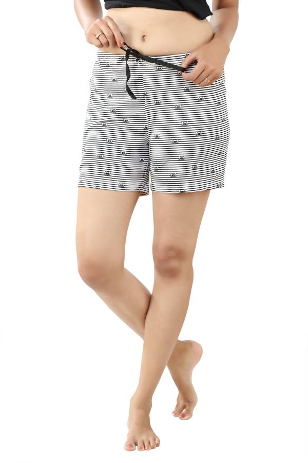 Printed, Striped Women White, Black Regular Shorts