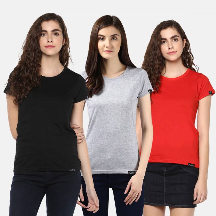 Self Design, Solid Women Round Neck Multicolor T-Shirt