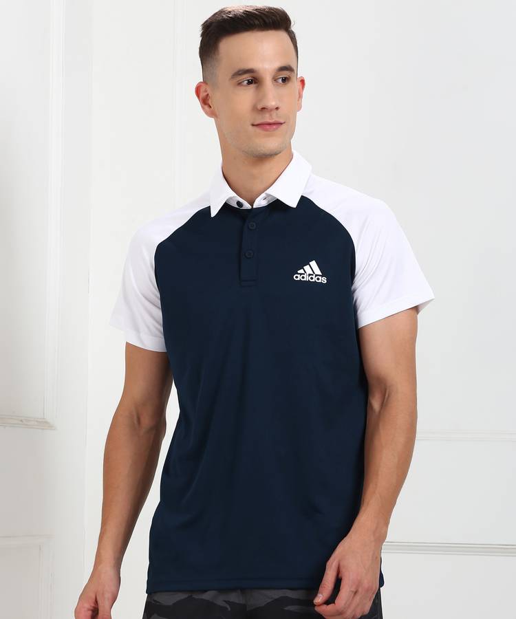 Color Block Men Polo Neck White, Blue T-Shirt