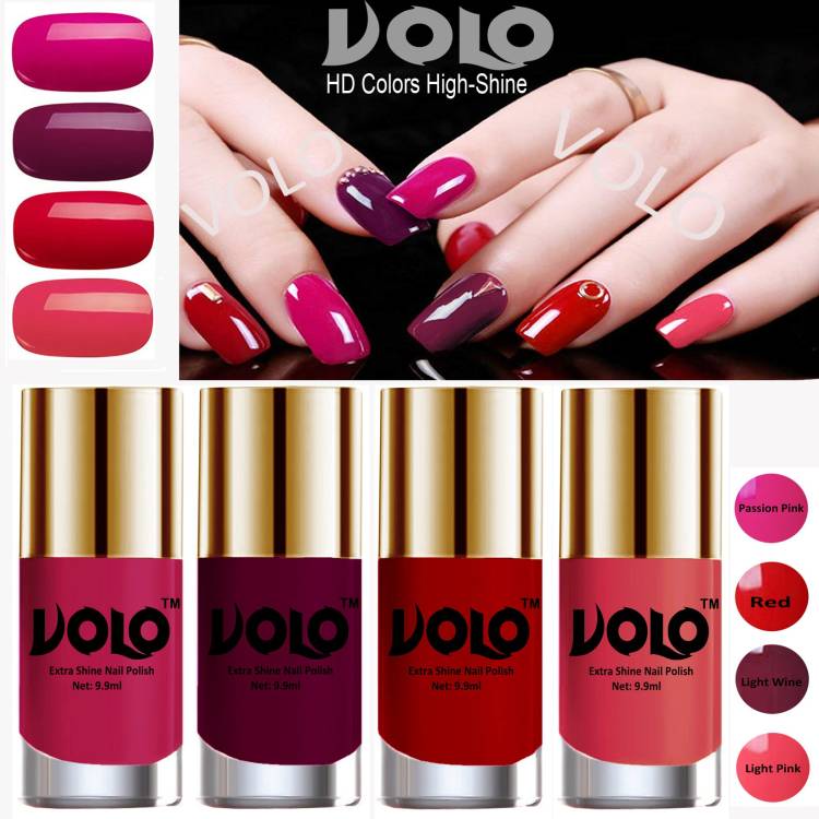 Volo HD Colors High-Shine Long Lasting Non Toxic Professional Nail Polish Set of 4 Combo No-3 Light Wine, Red, Passion Pink, Light Pink Price in India