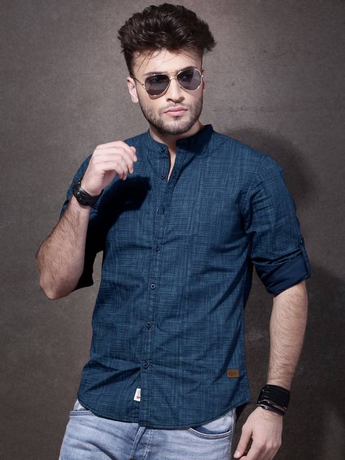 Men Regular Fit Self Design Mandarin Collar Casual Shirt