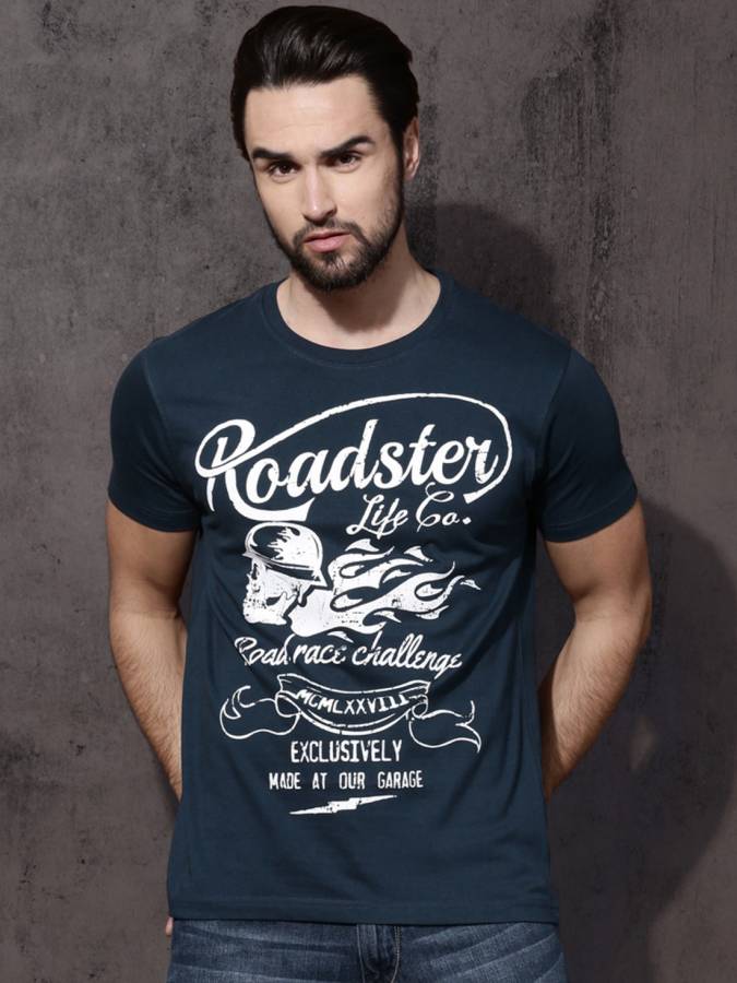 Printed Men Round Neck Dark Blue T-Shirt Price in India