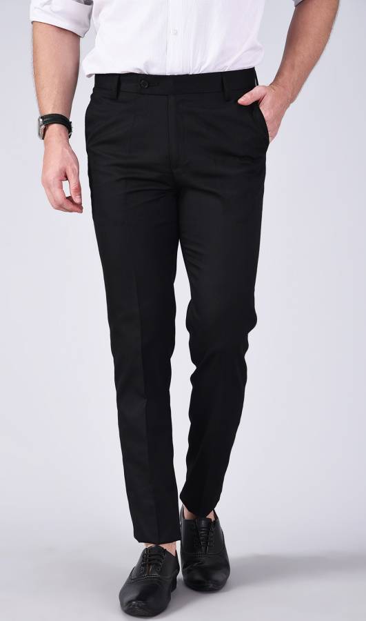 Regular Fit Men Black Cotton Blend Trousers