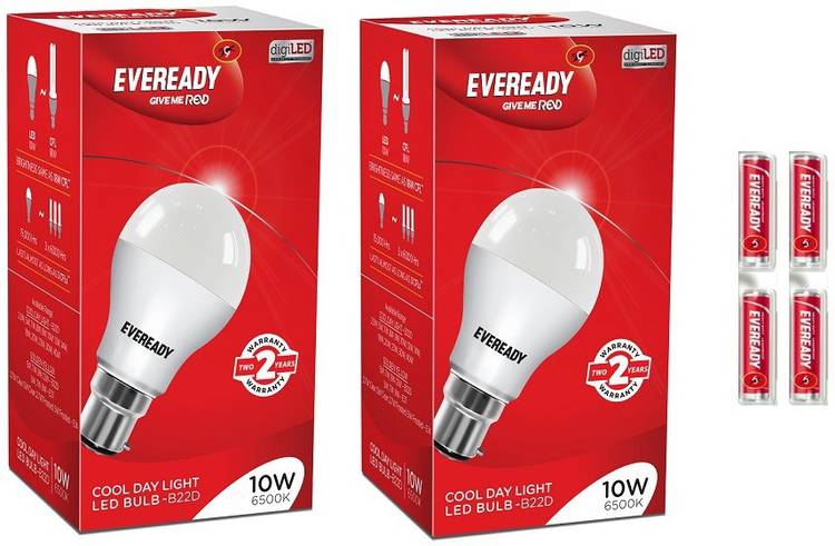 Eveready 10W LED Bulb Pack of 2 with Free 4 Batteries